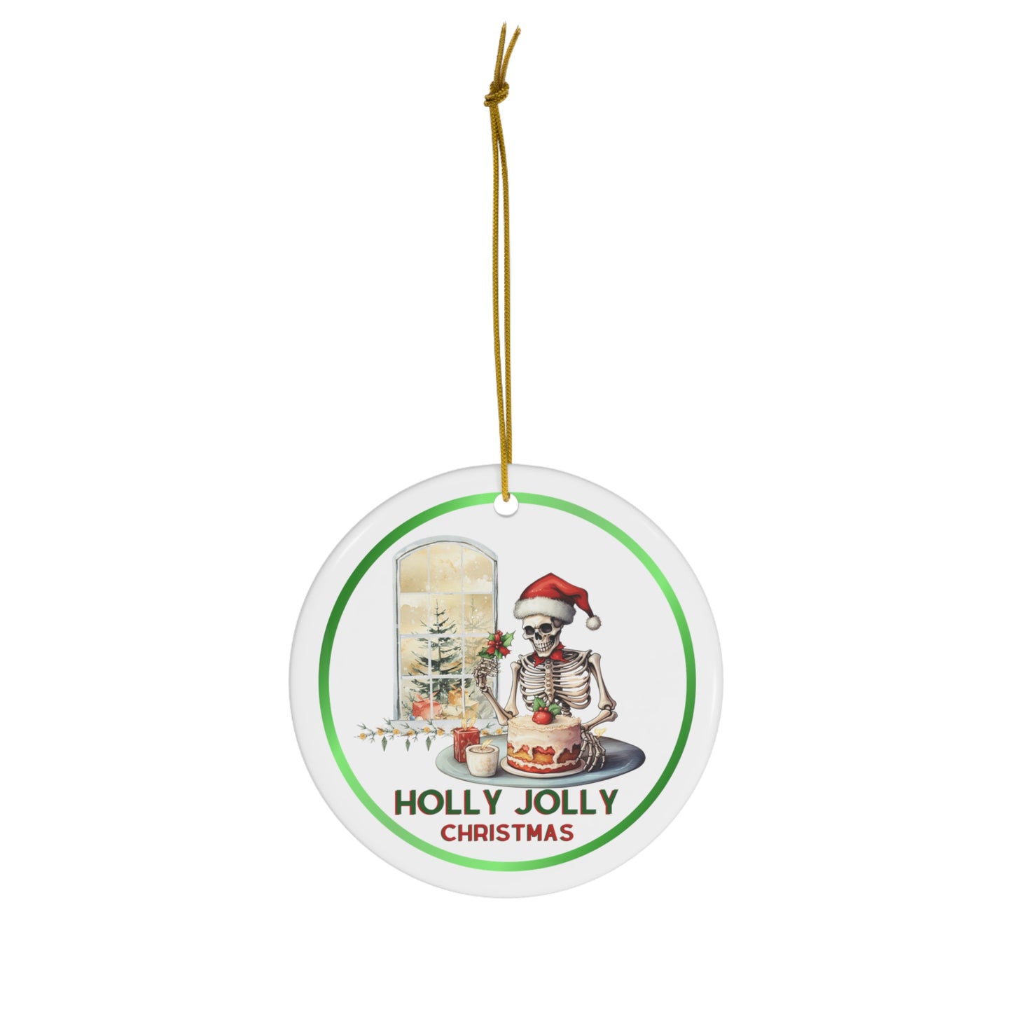 Skull Holly Jolly Christmas Ceramic Ornament, 1-Pack