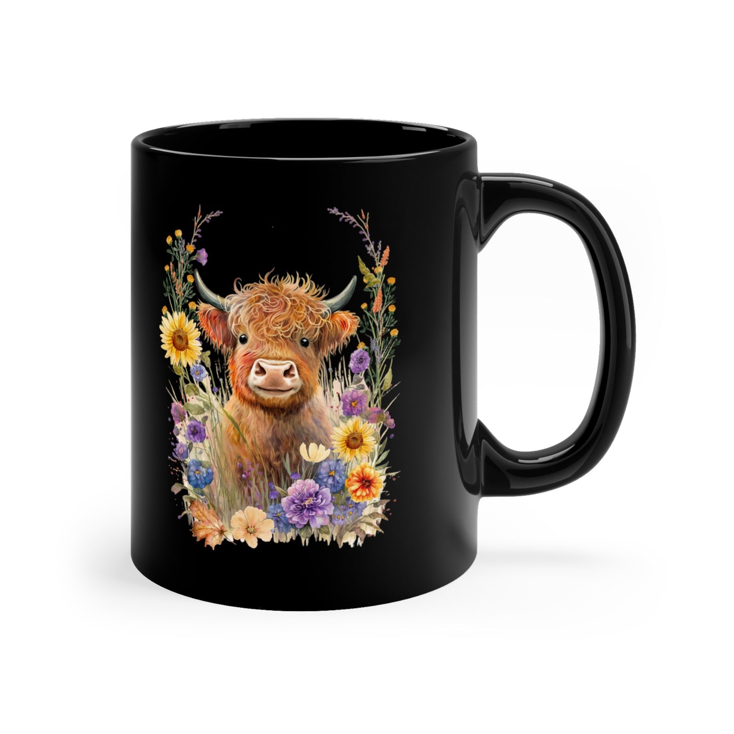 Fall Flower Cow Black Coffee Mug, 11oz